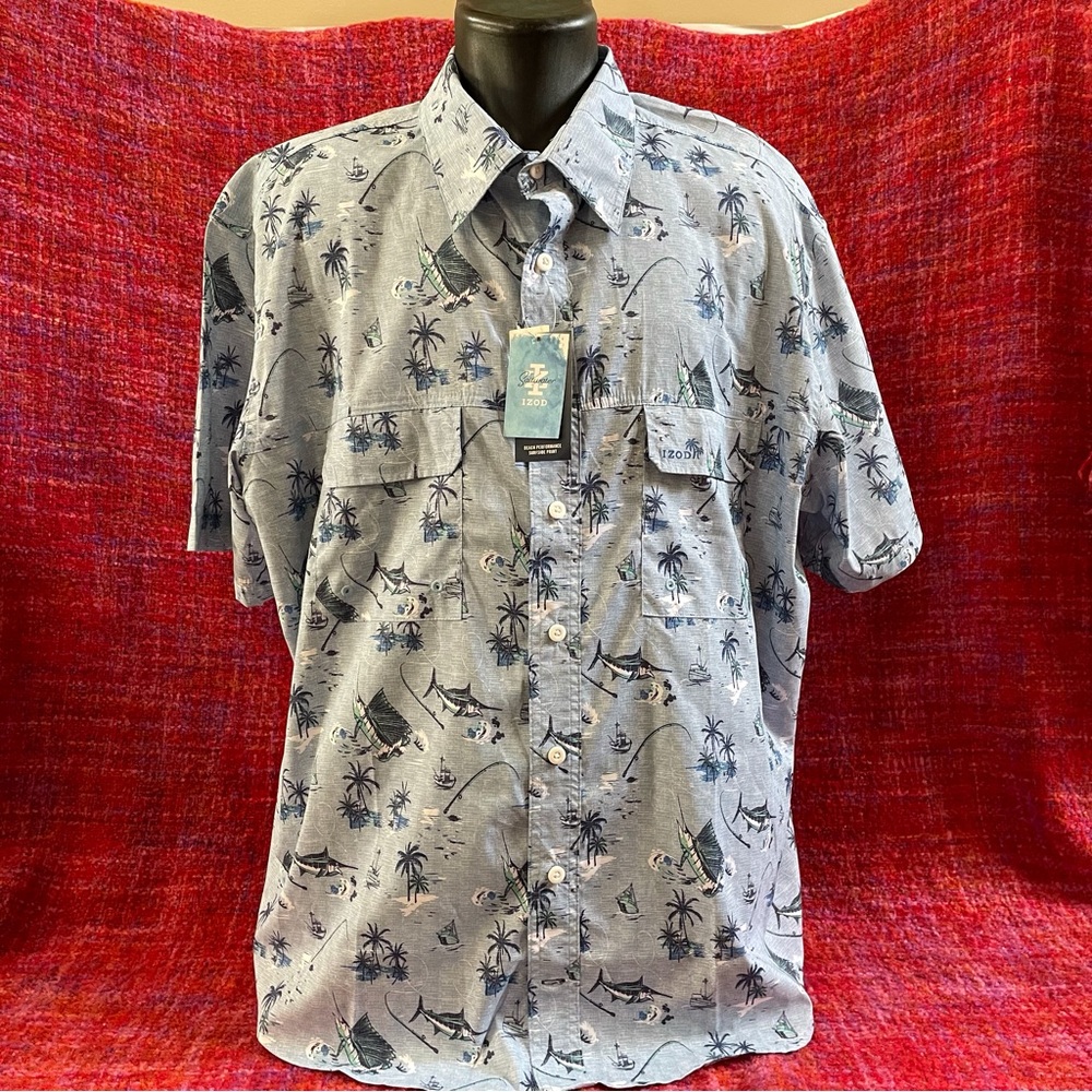 IZOD Saltwater Men's 2X Shirt Beach‎ Fishing Pockets Flap SPF 45 Wicking Stretch